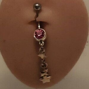 Dangle Tassels Pink Crystals Floating Stars Navel Ring ~ N-5089-POSH